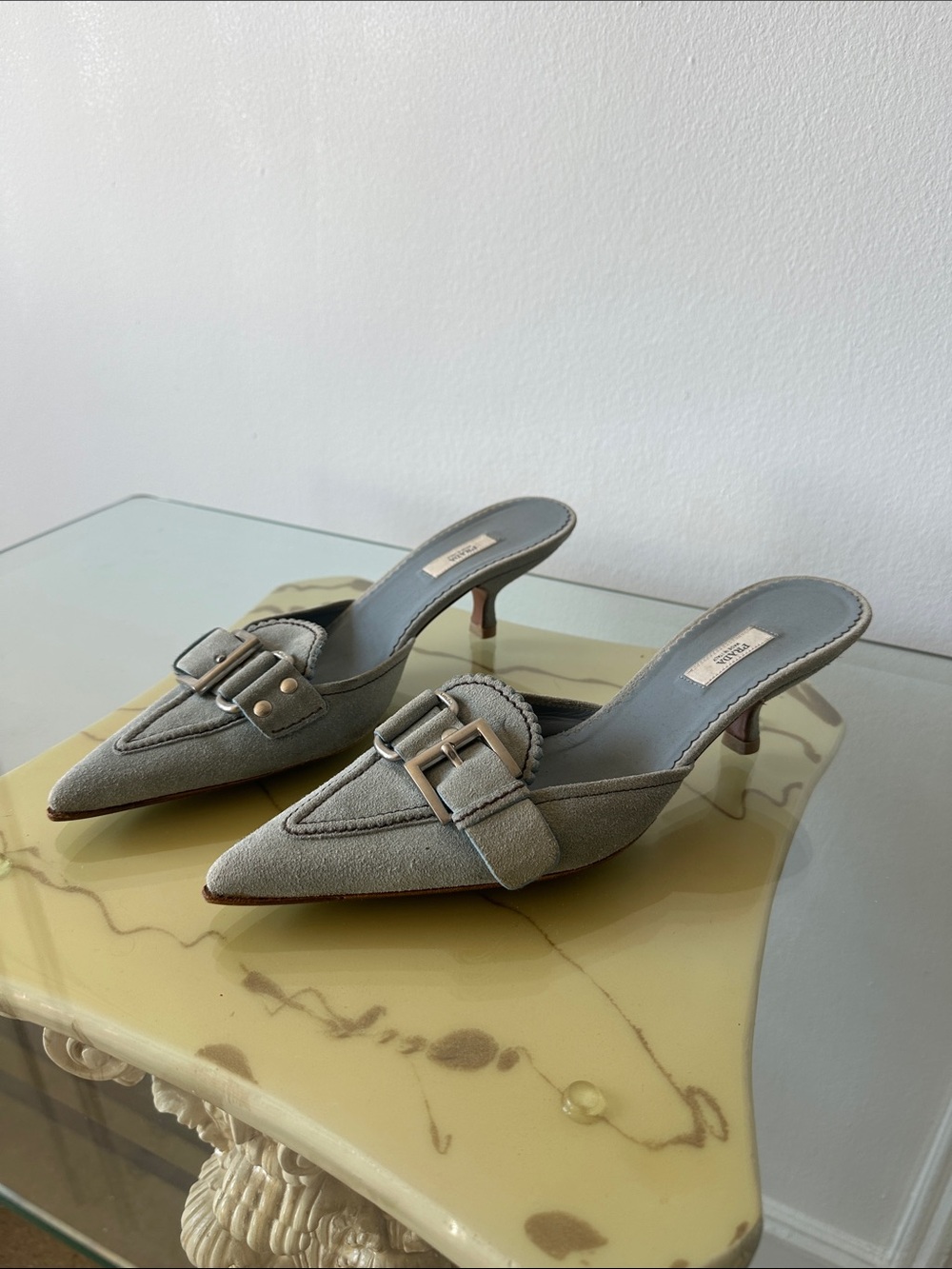 Prada Gray Pointed Suede Buckle Mules